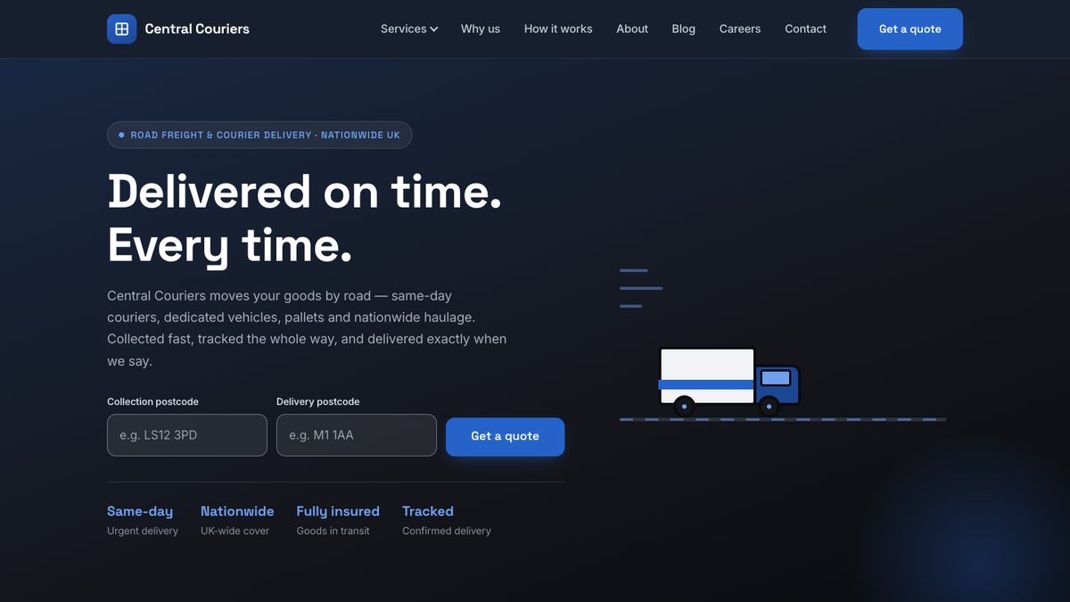 The Central Couriers homepage before the rebuild: a generic blue hero with a cartoon van drawn from rectangles on the right, and a window-pane icon as the brand mark