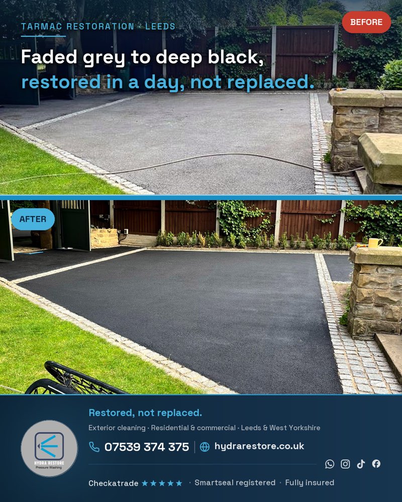 Before and after of a tarmac drive re-blacked back to a deep, even finish, framed as a branded Hydra Restore social graphic
