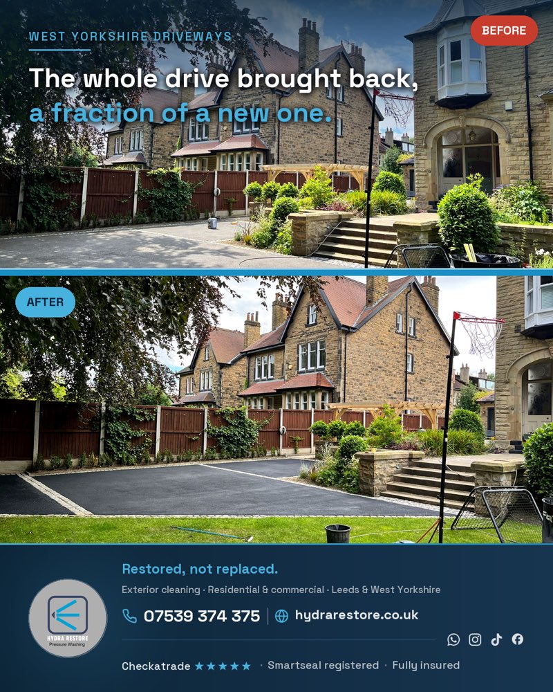 Before and after of a large gritstone property drive, showing the oxidised grey lifting to a deep black finish