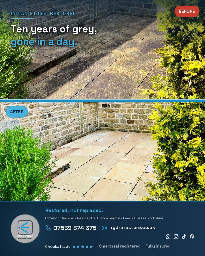 Before and after of an Indian-stone patio restored to a clean, even tone